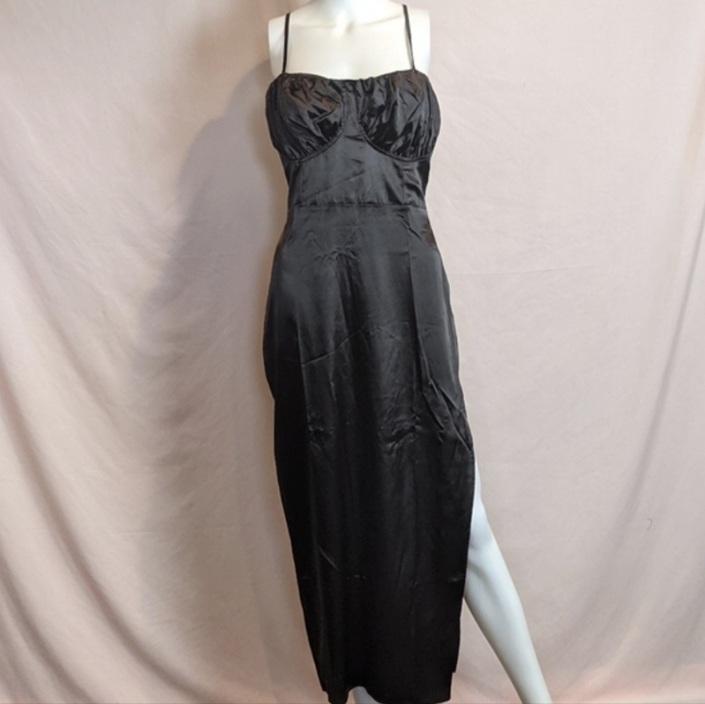 Flounce London Satin Lace Up Back Mini Dress with Slit Hem in Midnight Brown 10